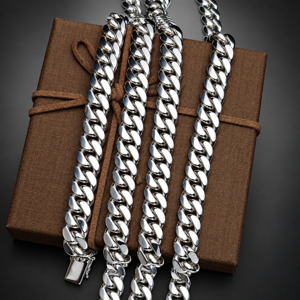 Silver chain belt on a brown fabric background
