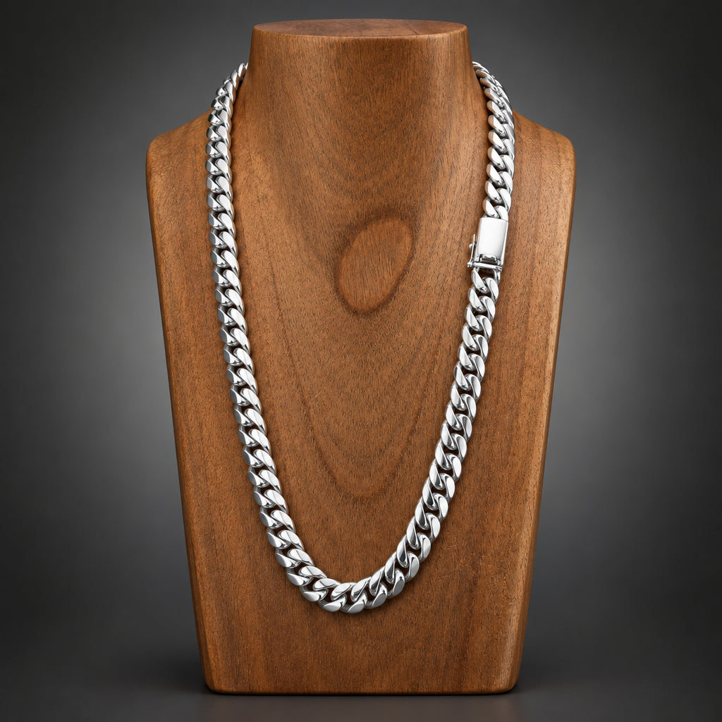 Silver chain necklace on a wooden surface
