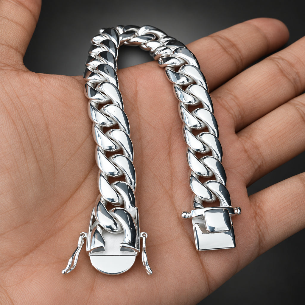 Men’s 999 Fine Silver Curb Chain Bracelet, 14mm Handmade