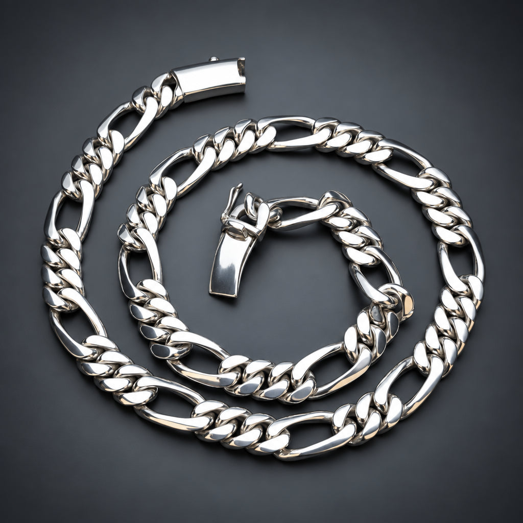 A silver-toned metal chain necklace with a curb link pattern, coiled on a plain white background.