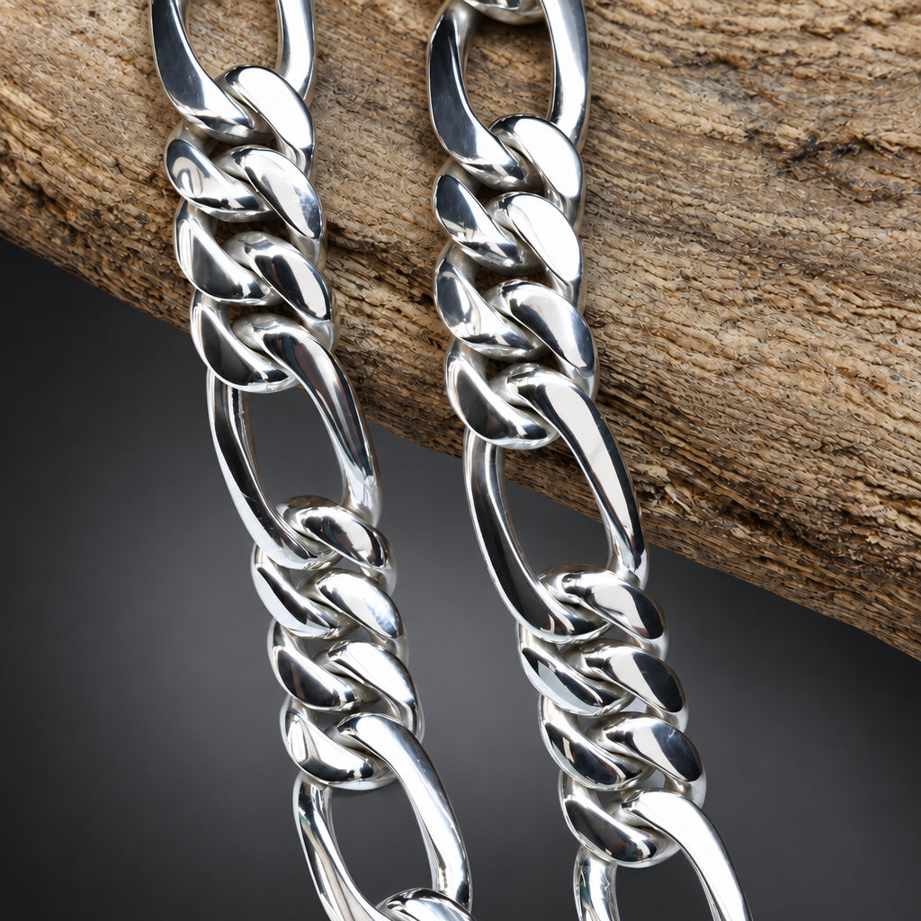 Silver chain necklace on a wooden surface