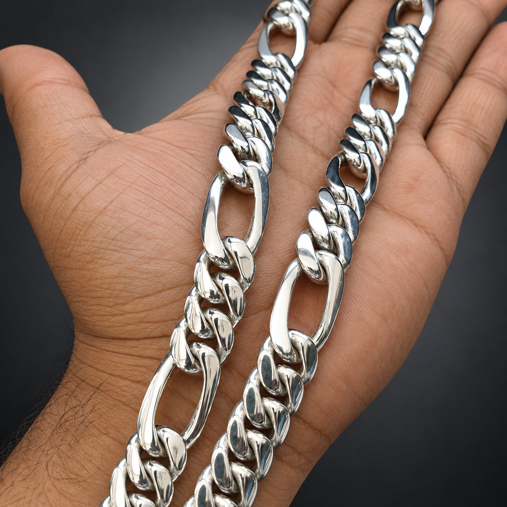 999 Solid Silver Figaro Chain Necklace for Men, 14mm