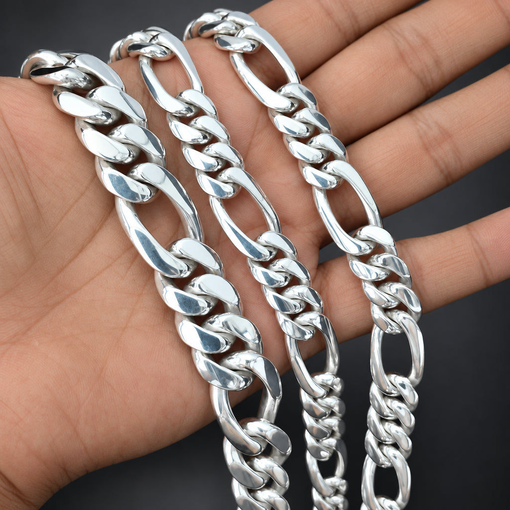 999 Solid Silver Figaro Chain Necklace for Men, 14mm