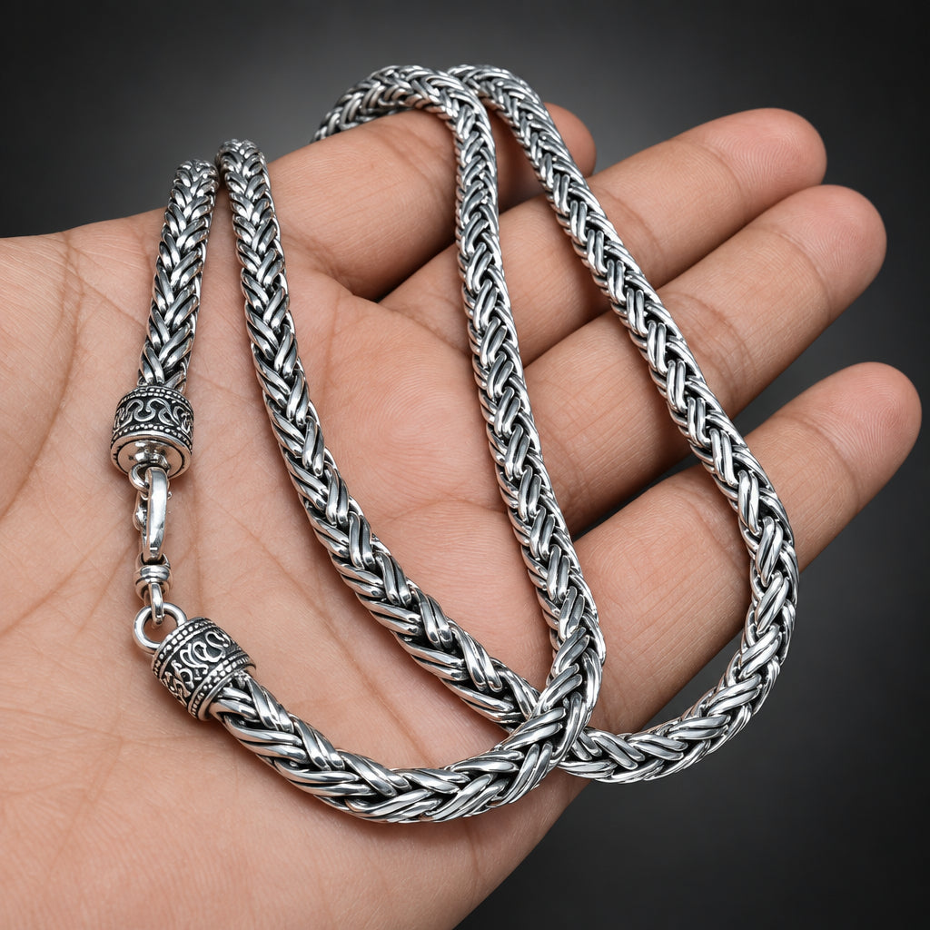 Men’s 999 Pure Silver Foxtail Chain Necklace, 5mm Handmade