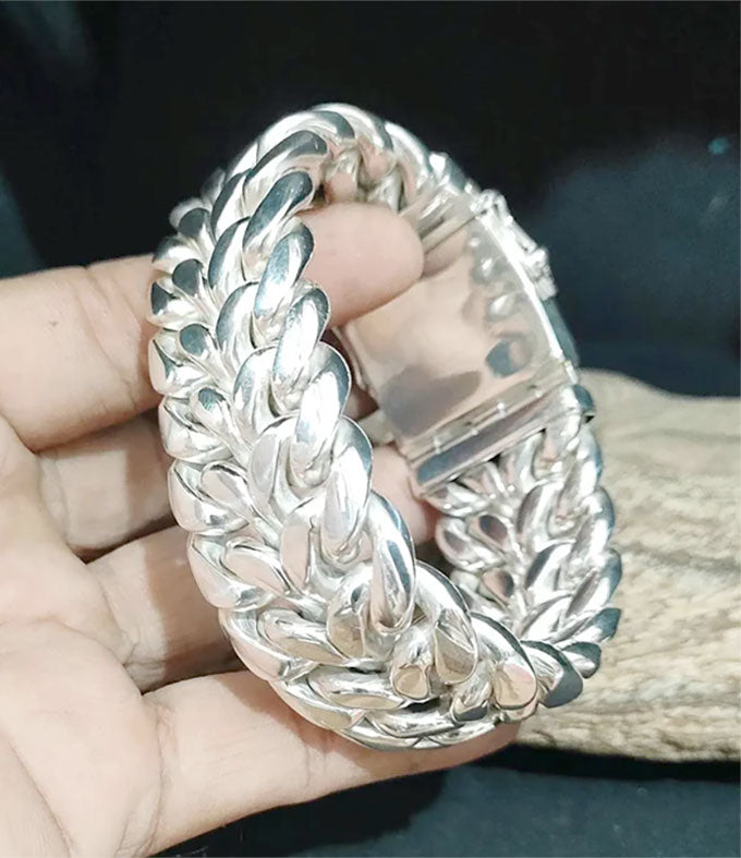999 Pure Silver Curb Chain Bracelet - 30mm Wide Heavy Men's Bracelet