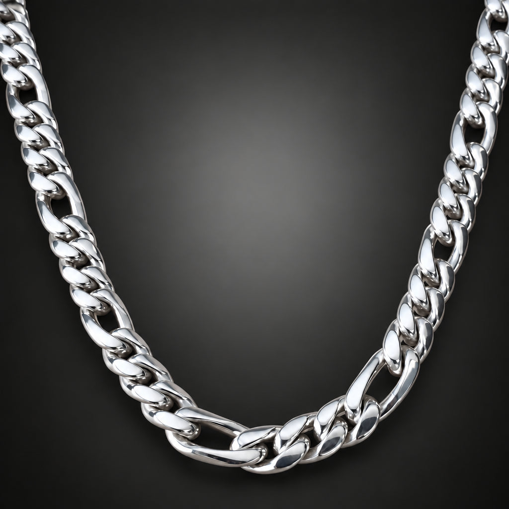 A close-up of a polished silver-tone Cuban link chain necklace arranged in a U-shape against a dark gray gradient background.