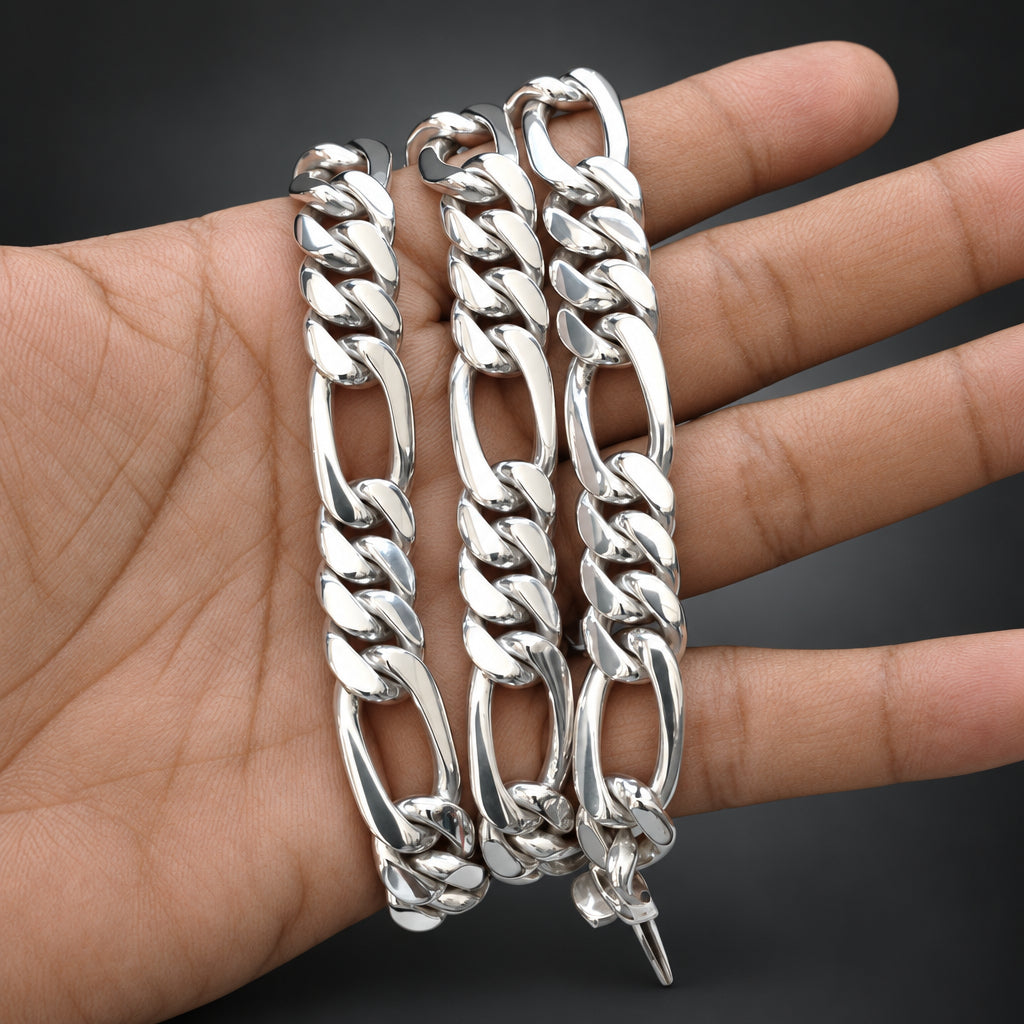 10mm 999 Pure Silver Figaro Chain Necklace for Men