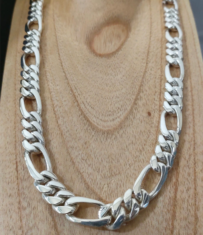 999 Solid Silver Figaro Chain Necklace - Bali Handmade, 12mm