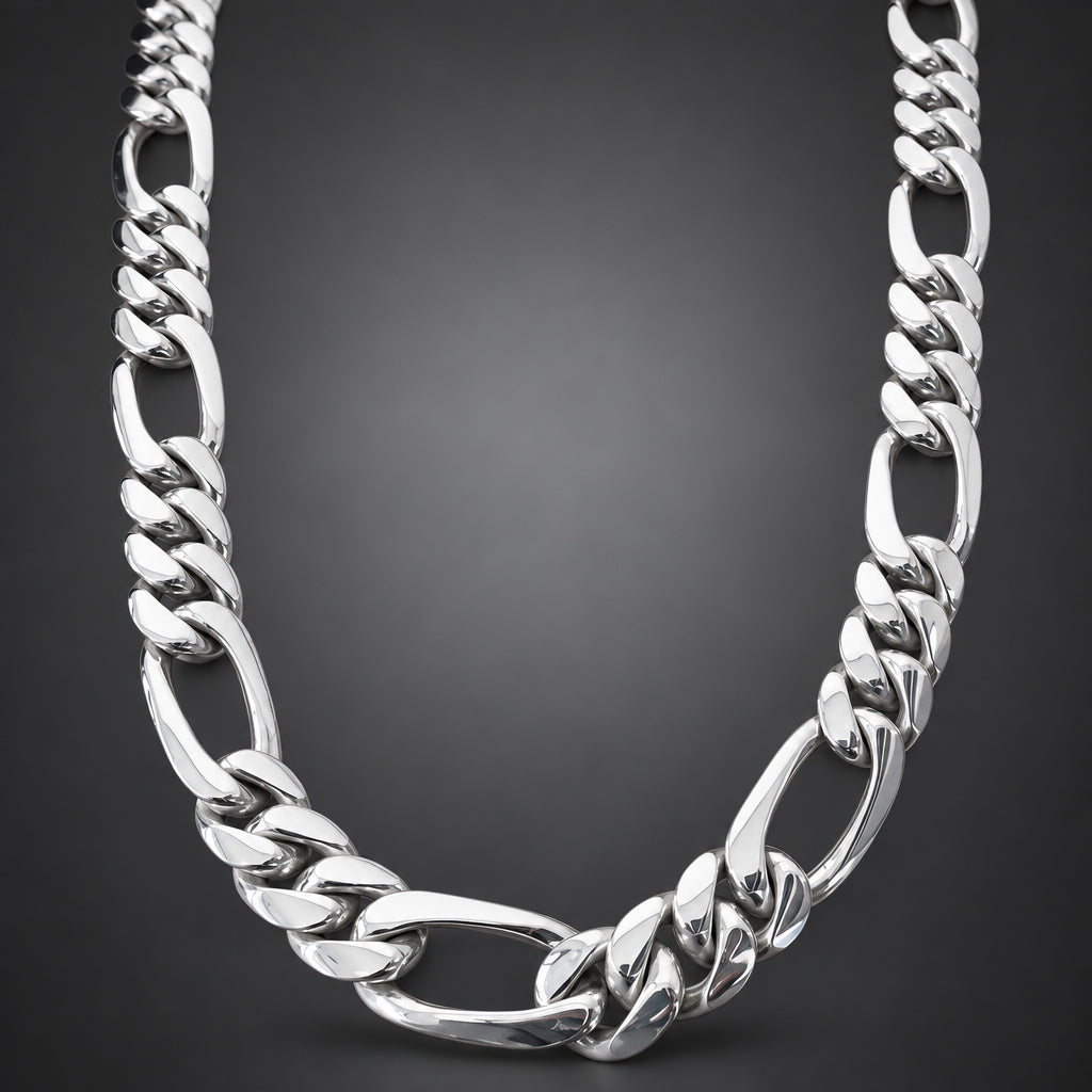 Men’s 999 Solid Silver Figaro Chain Necklace, 12mm Heavyweight