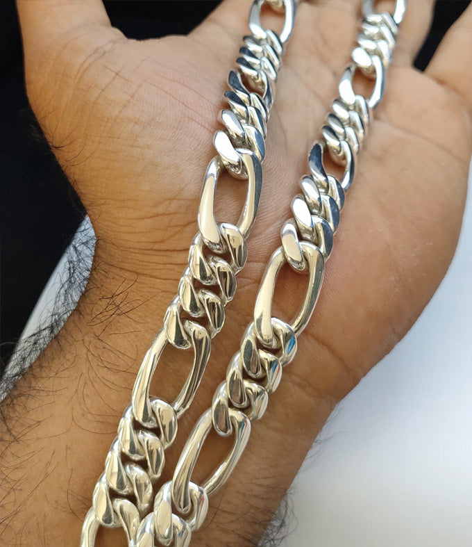 999 Solid Silver Figaro Chain Necklace - Bali Handmade, 12mm