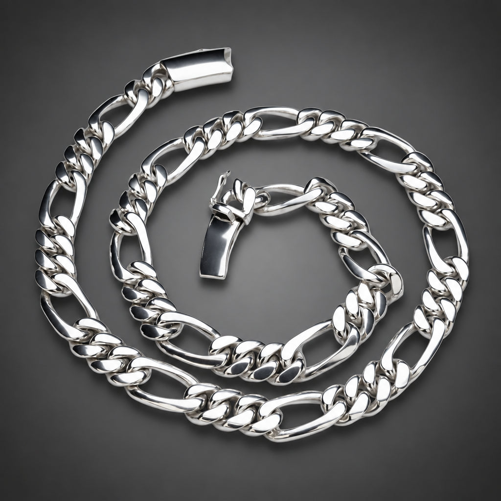 Men’s 999 Solid Silver Figaro Chain Necklace, 12mm Heavyweight
