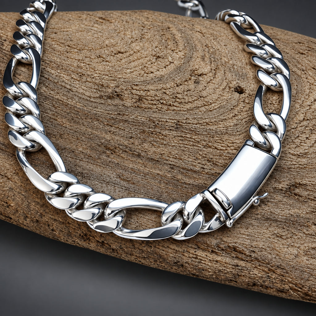 Men’s 999 Solid Silver Figaro Chain Necklace, 12mm Heavyweight