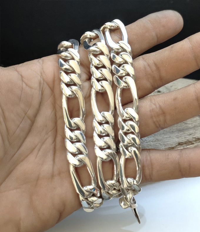 999 Solid Silver Figaro Chain Necklace - Bali Handmade, 12mm