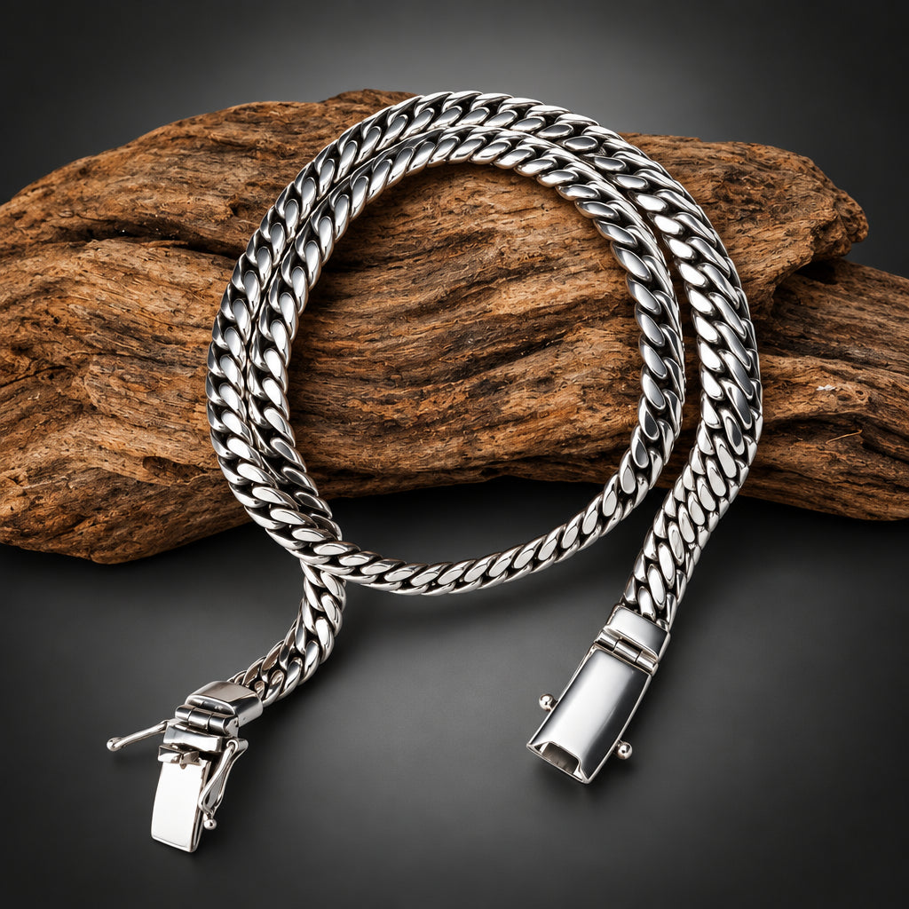 Silver chain bracelet on a wooden surface