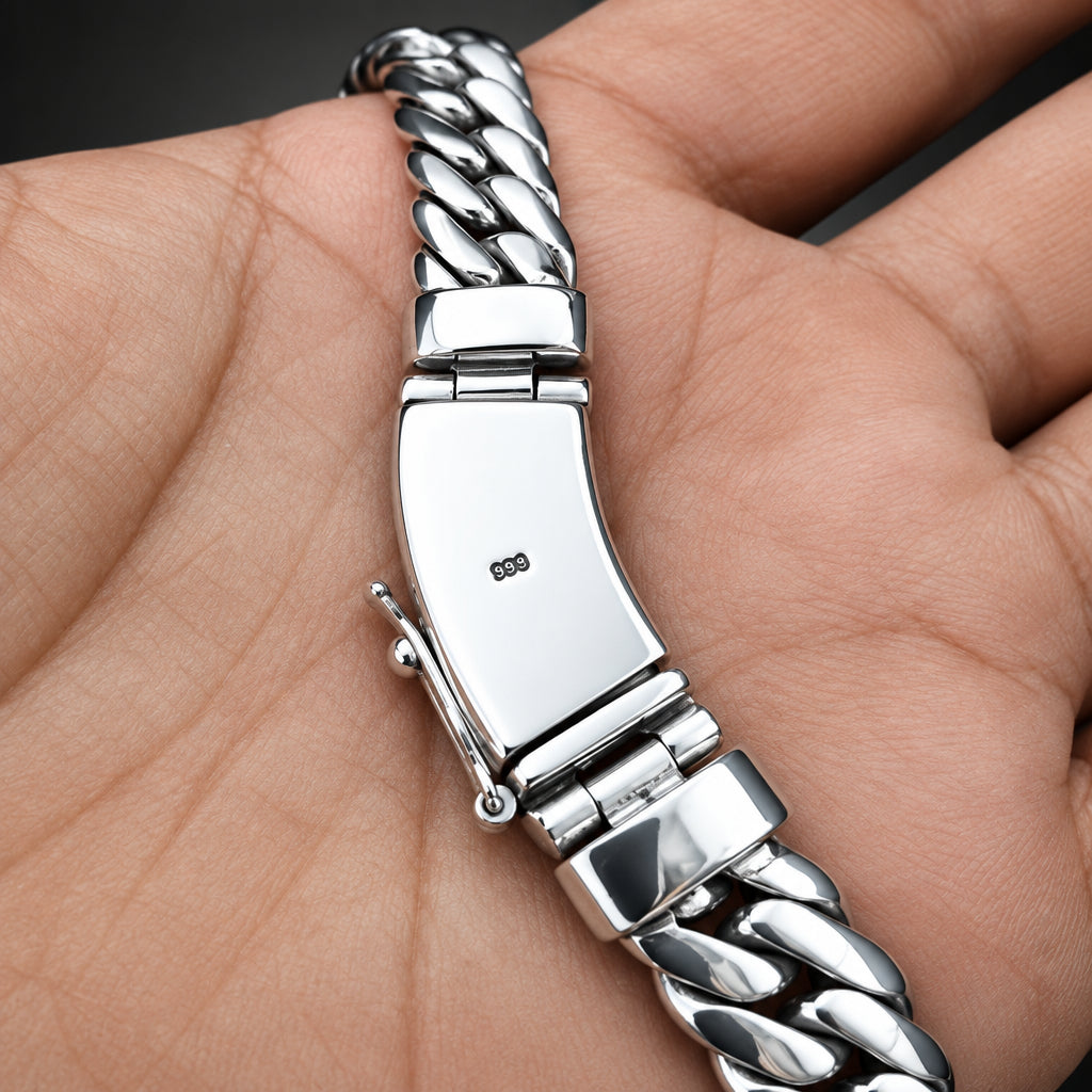 Silver bracelet on a person's wrist with a close-up view