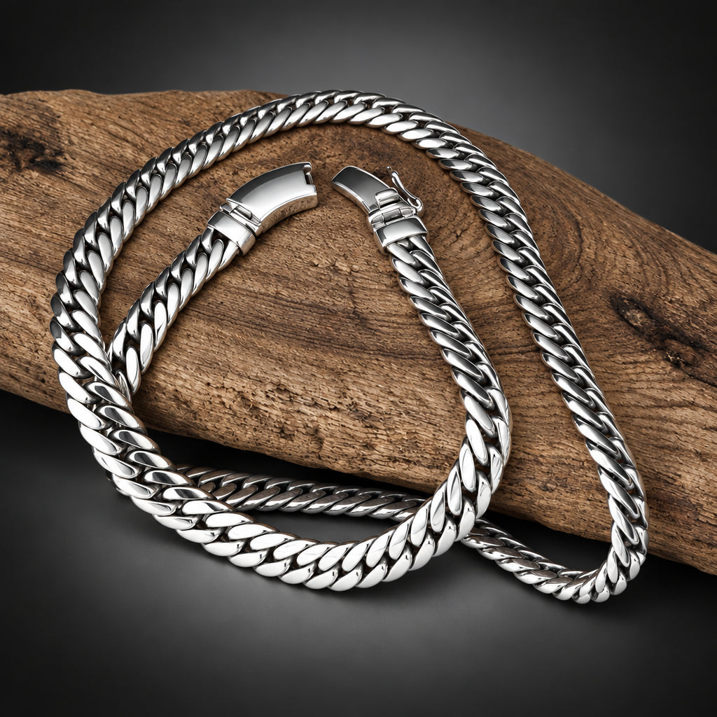 Silver braided bracelet on a wooden surface