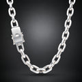 A polished silver chain necklace with a rectangular clasp, shown against a dark gray gradient background.