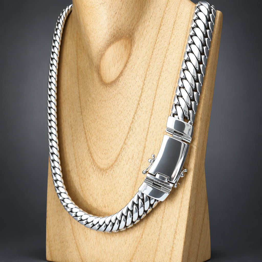 Silver chain bracelet on a wooden surface