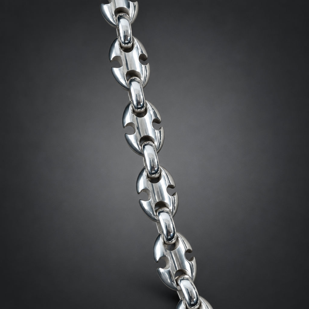 A close-up of a polished silver-toned metal chain with distinctive cutout links, shown against a dark gray gradient background.