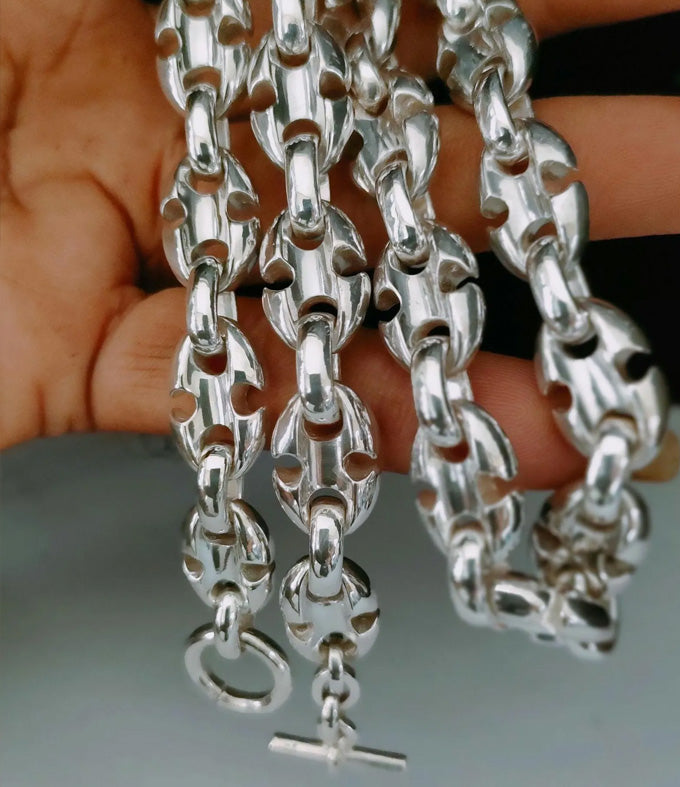 Handmade 999 Silver Anchor Chain Necklace - Men's Heavy Silver Bracelet