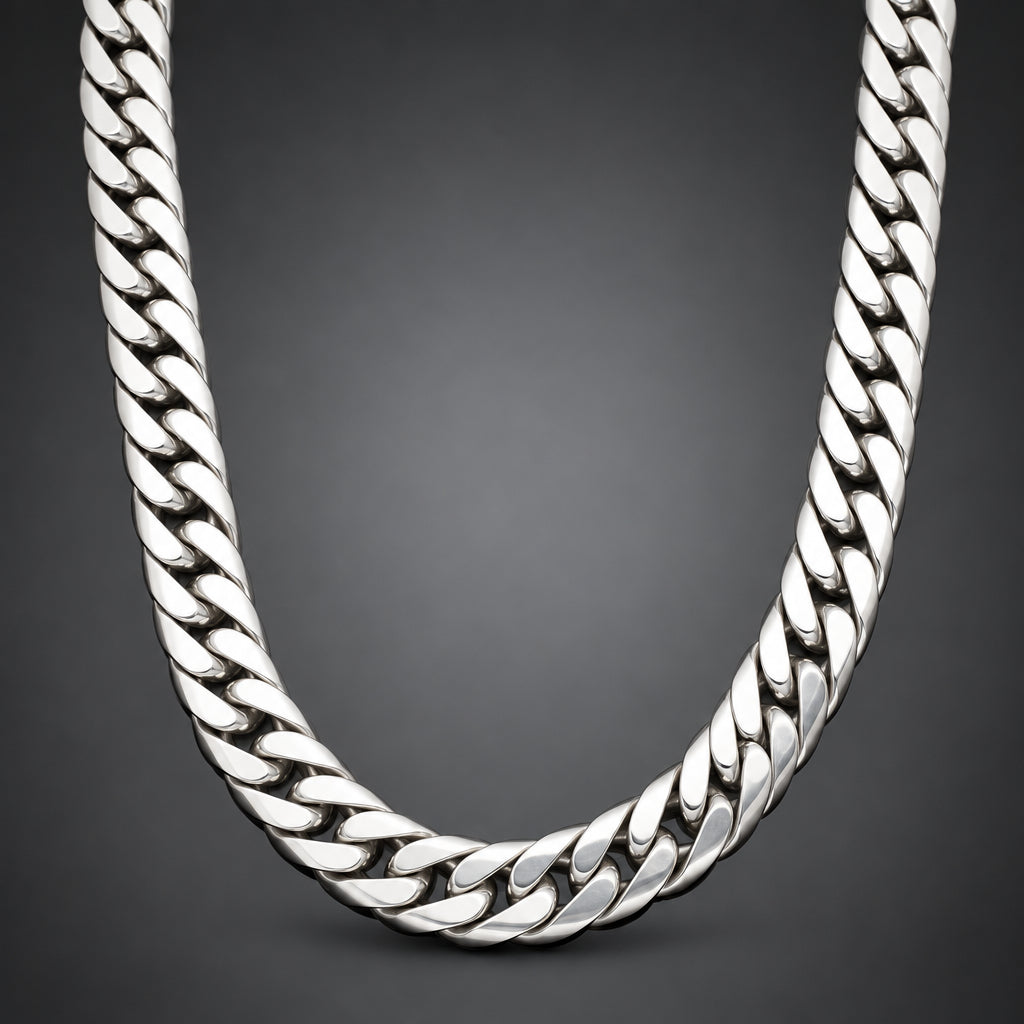 A polished silver Cuban link chain necklace arranged in a U-shape against a dark gray gradient background.