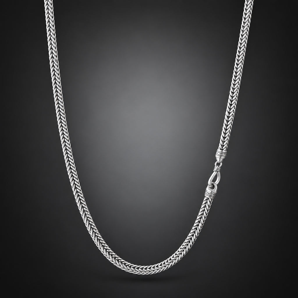 Men’s 999 Pure Silver Foxtail Chain Necklace, 4mm Handmade in Bali