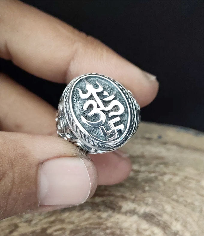 Handmade Sterling Silver Hindu Ring, Tri Sakti Symbol