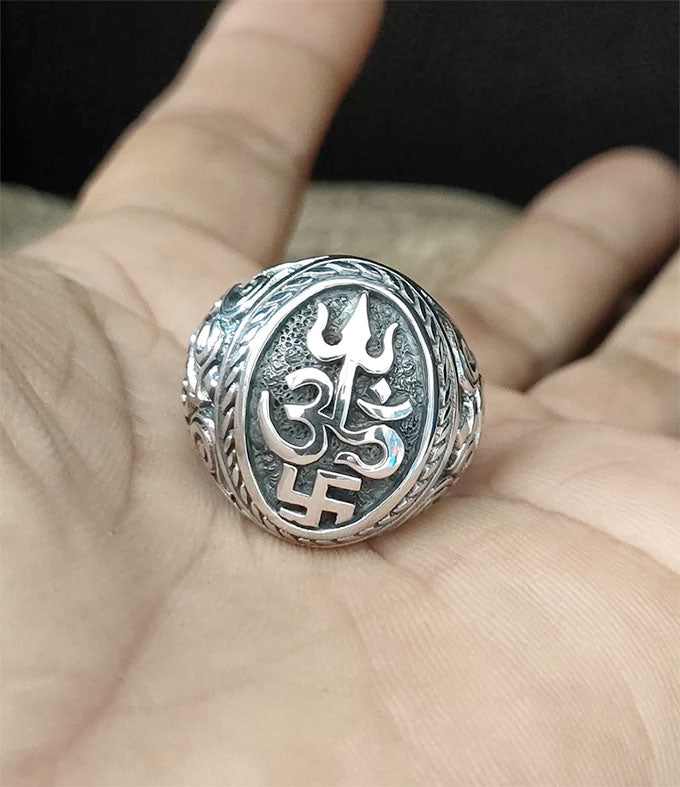 Handmade Sterling Silver Hindu Ring, Tri Sakti Symbol