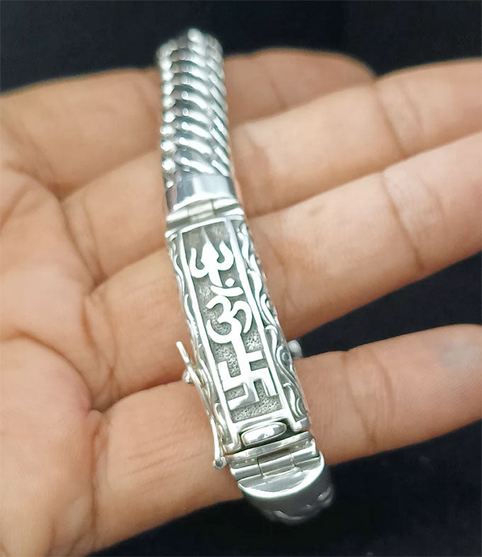 Hindu Silver Bracelet, Tri Sakti symbol, Handmade Jewelry