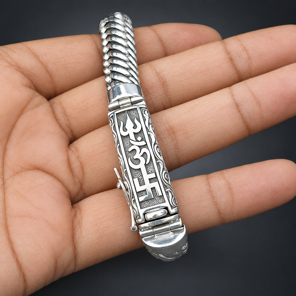 Handcrafted 999 Fine Silver Tri Sakti Trishul Bracelet