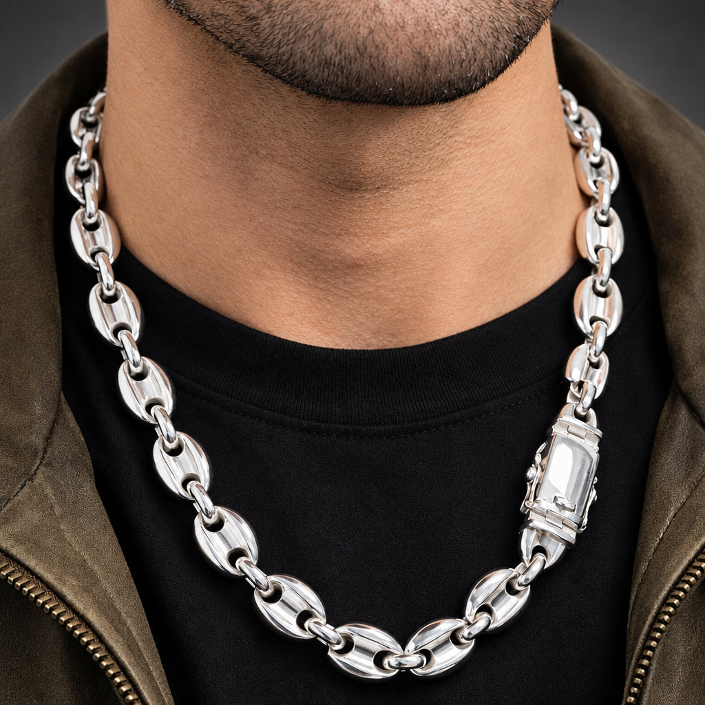 Men’s 14mm 999 Pure Silver Marine Anchor Link Necklace, Heavyweight