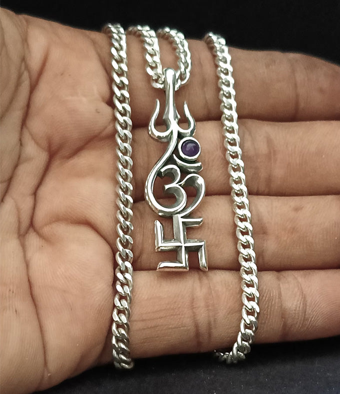 Men's Hindu necklace, Sacred Spiritual Jewelry, Swastik Om Trishul Symbol