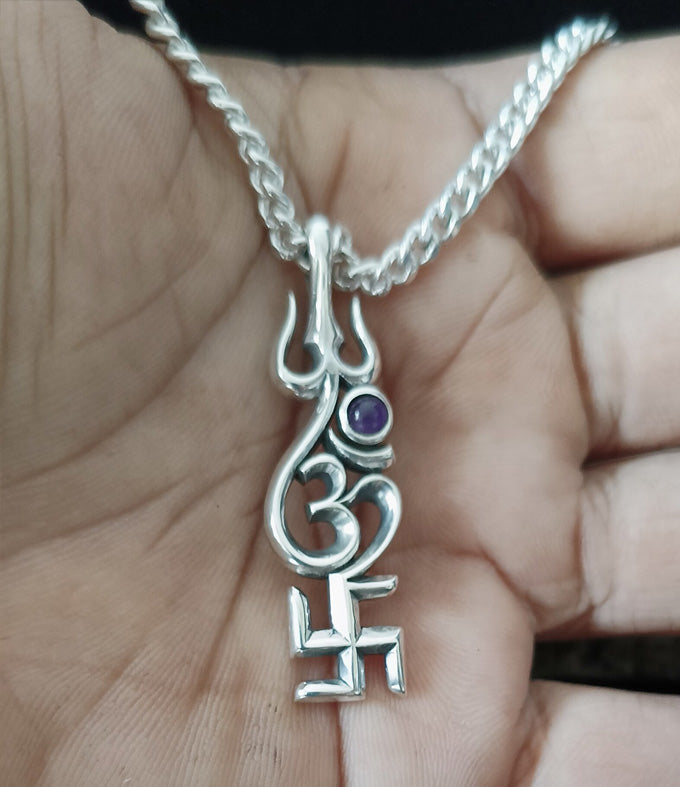 Men's Hindu necklace, Sacred Spiritual Jewelry, Swastik Om Trishul Symbol
