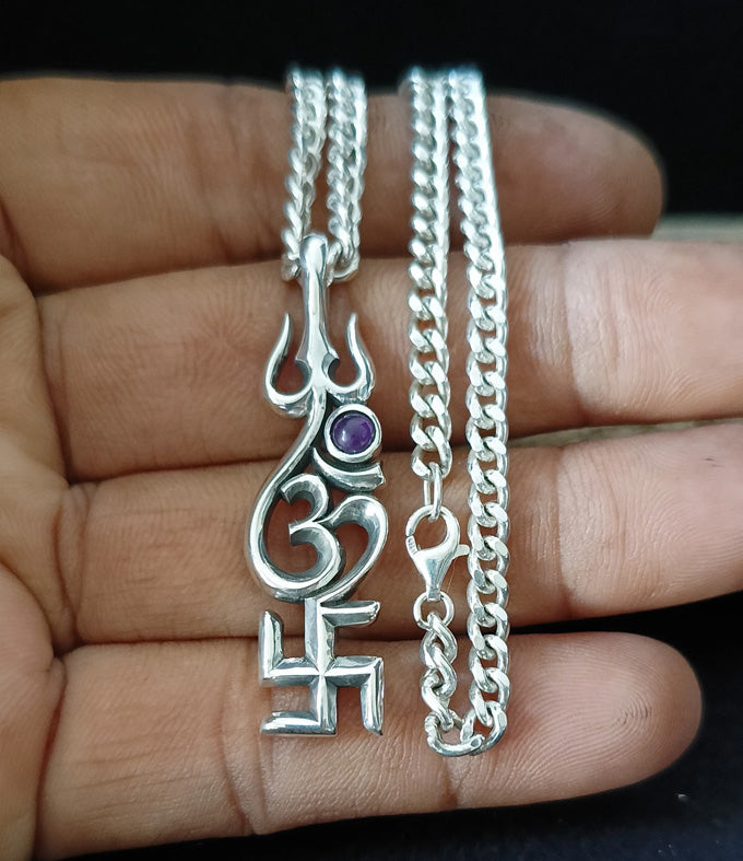 Men's Hindu necklace, Sacred Spiritual Jewelry, Swastik Om Trishul Symbol