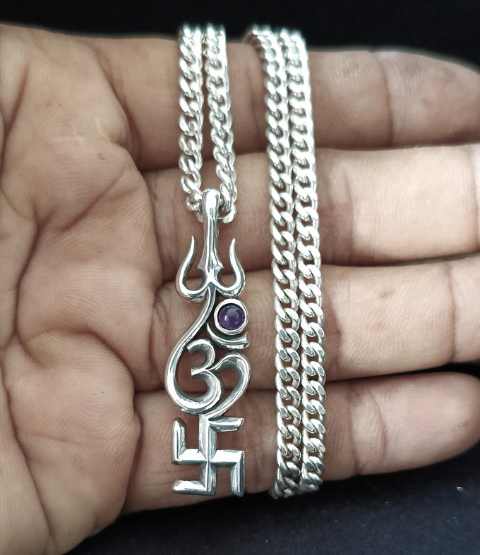 Men's Hindu necklace, Sacred Spiritual Jewelry, Swastik Om Trishul Symbol