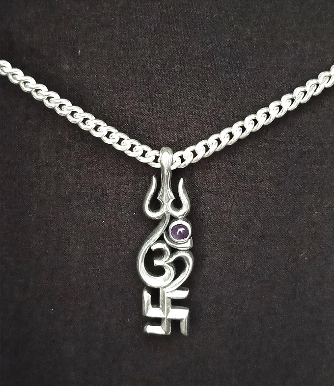 Men's Hindu necklace, Sacred Spiritual Jewelry, Swastik Om Trishul Symbol