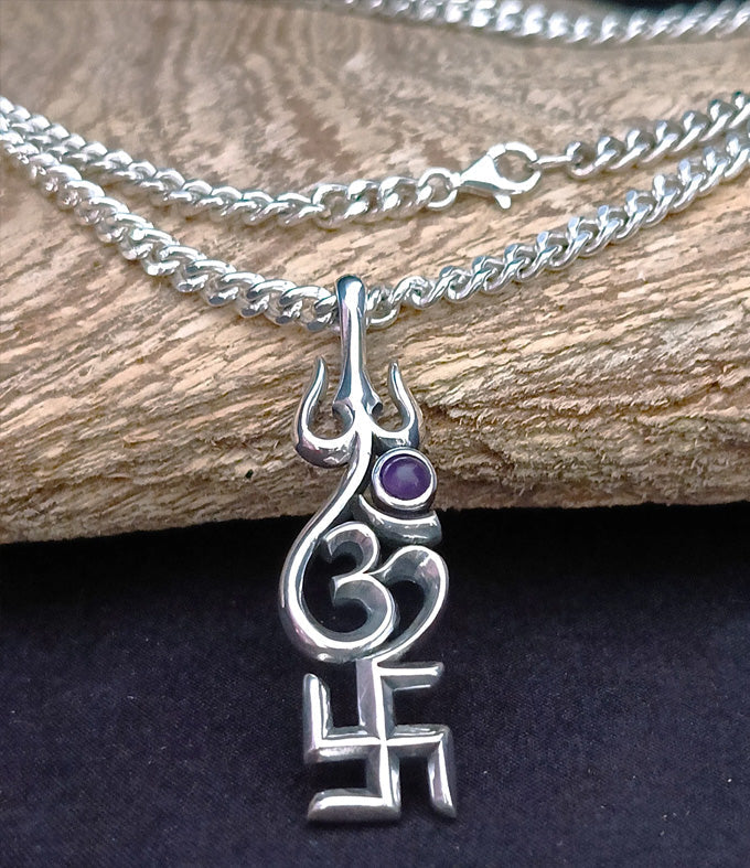 Men's Hindu necklace, Sacred Spiritual Jewelry, Swastik Om Trishul Symbol