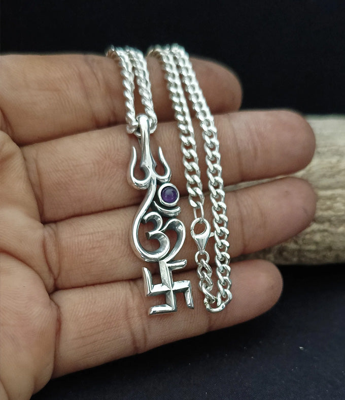 Men's Hindu necklace, Sacred Spiritual Jewelry, Swastik Om Trishul Symbol