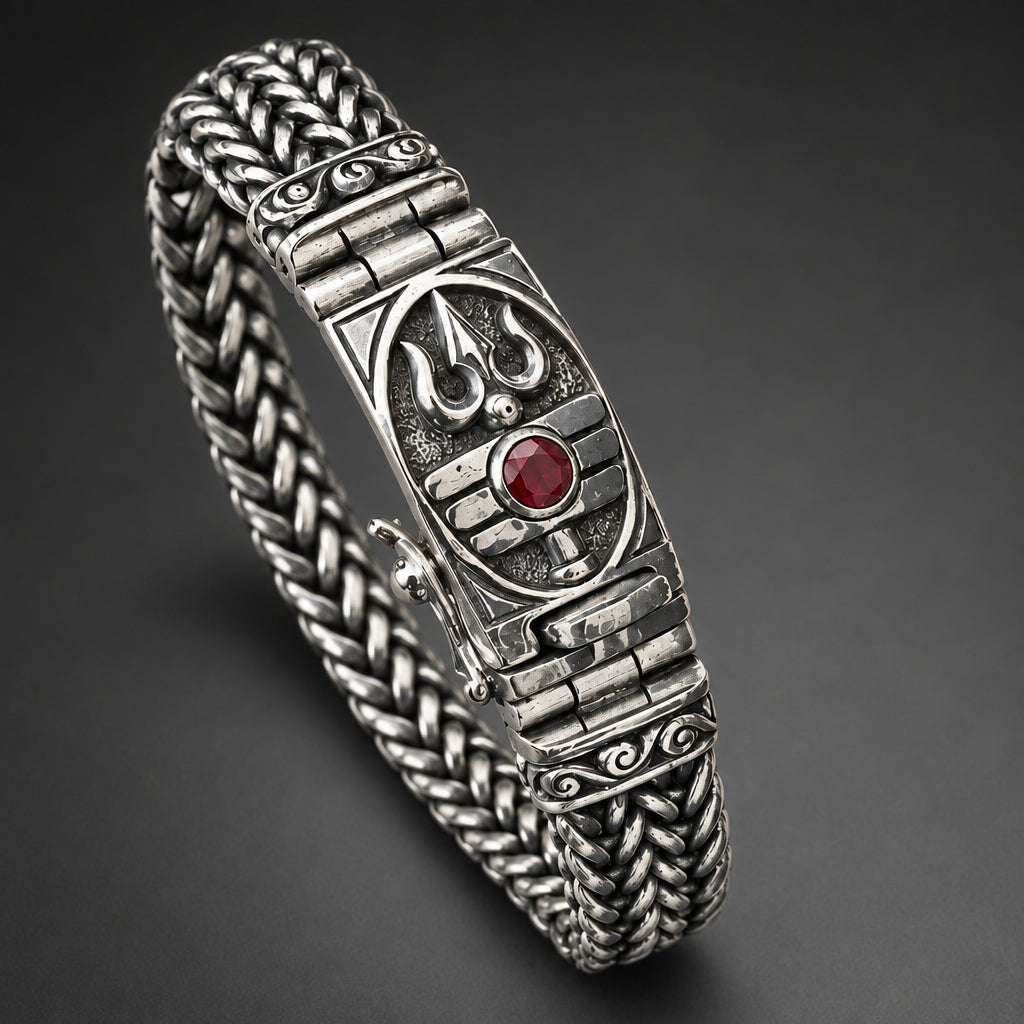 A close-up of a silver-toned metal bracelet worn on a person's wrist. The bracelet features an ornate shield-like clasp with a small round red gemstone in the center and a braided mesh band.