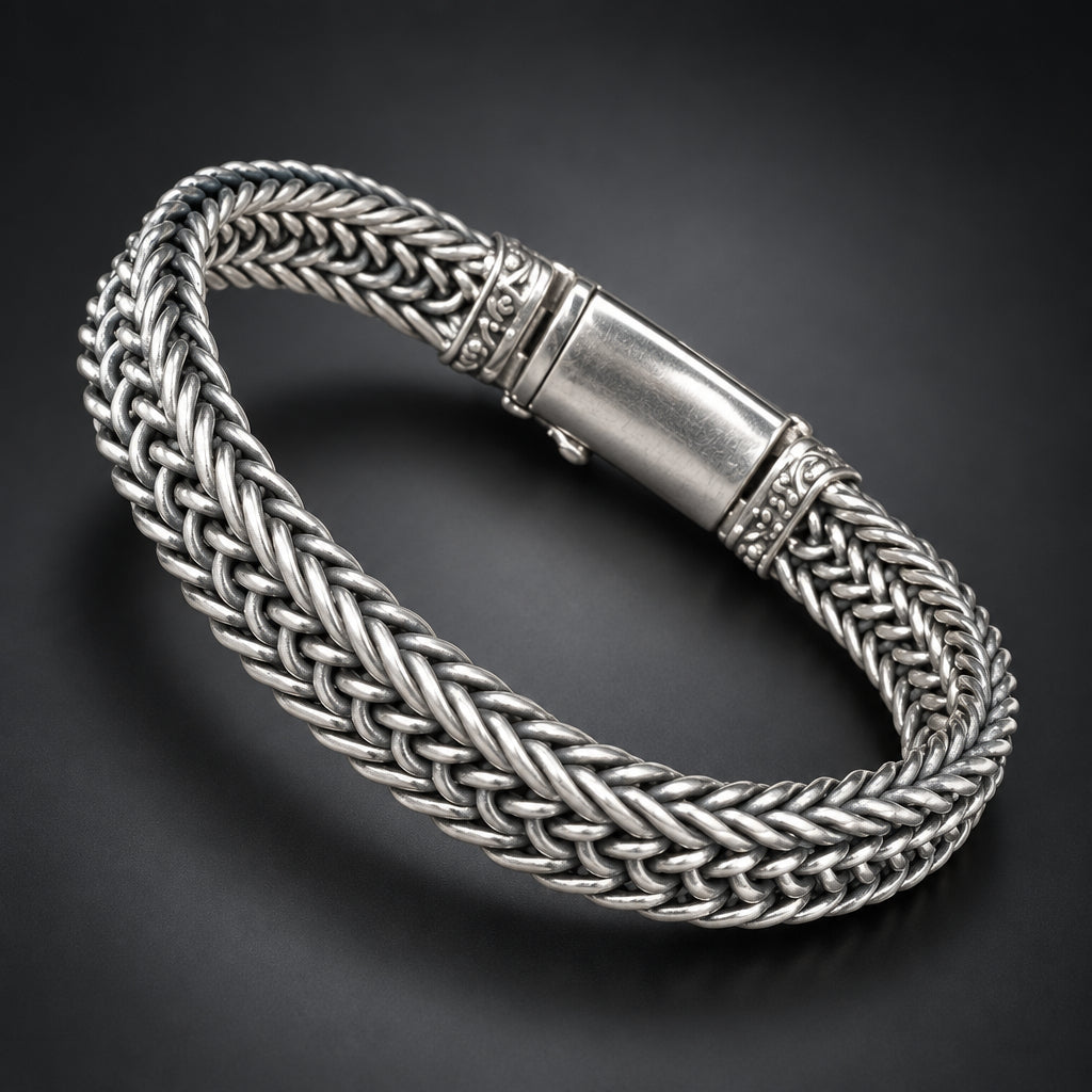 Silver braided bracelet with a magnetic clasp held in a hand against a dark background
