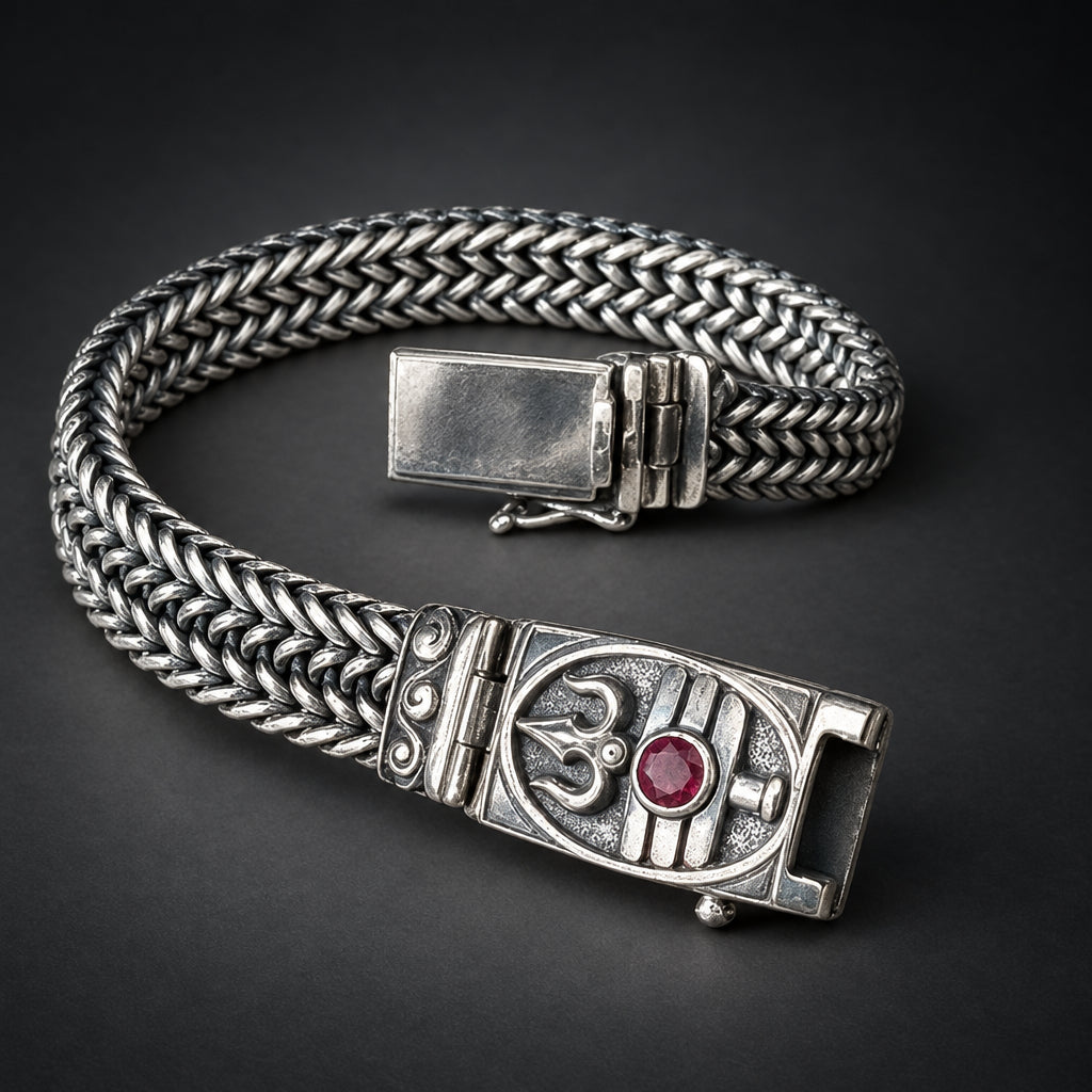 Silver bracelet with intricate design and red gemstone on a textured surface