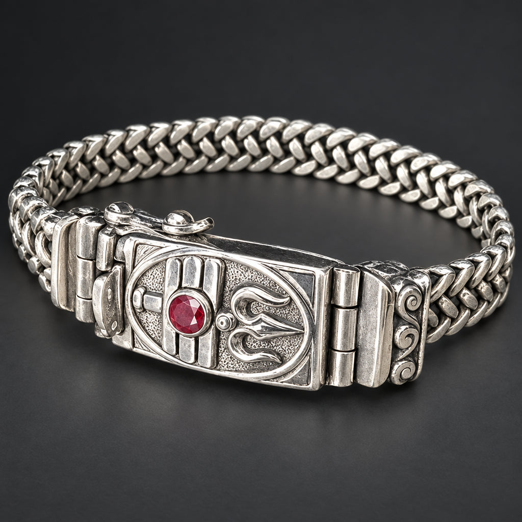 Silver bracelet with intricate design and red gemstone on a dark background