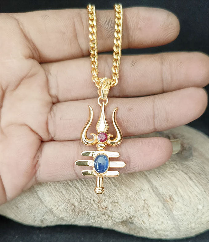 Trident of shiva, Men's Hindu necklace, Blue sapphire necklace