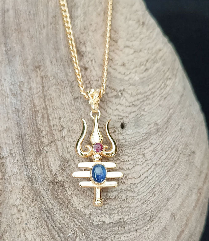 Trident of shiva, Men's Hindu necklace, Blue sapphire necklace