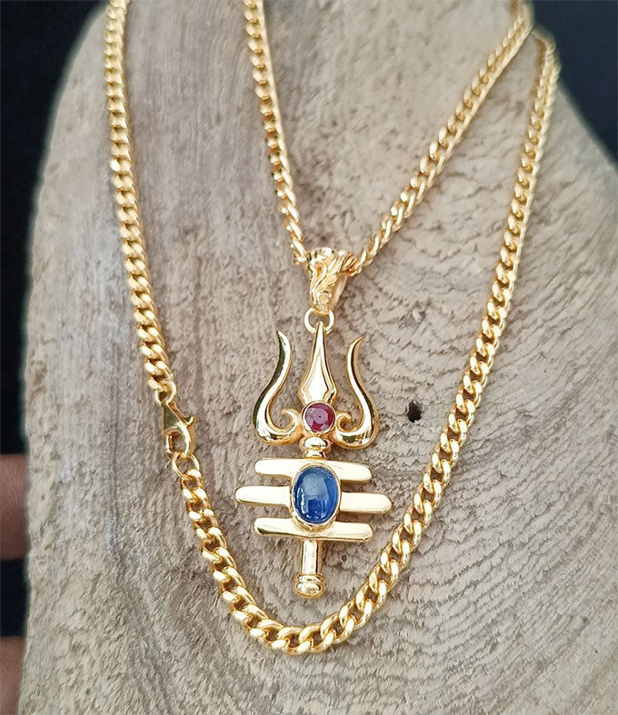 Trident of shiva, Men's Hindu necklace, Blue sapphire necklace