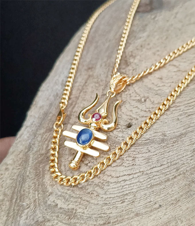 Trident of shiva, Men's Hindu necklace, Blue sapphire necklace