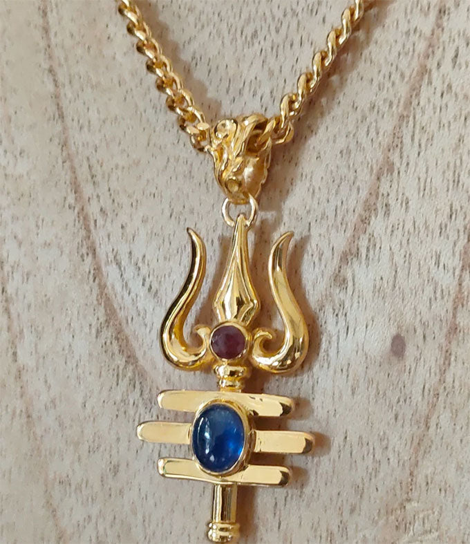 Trident of shiva, Men's Hindu necklace, Blue sapphire necklace