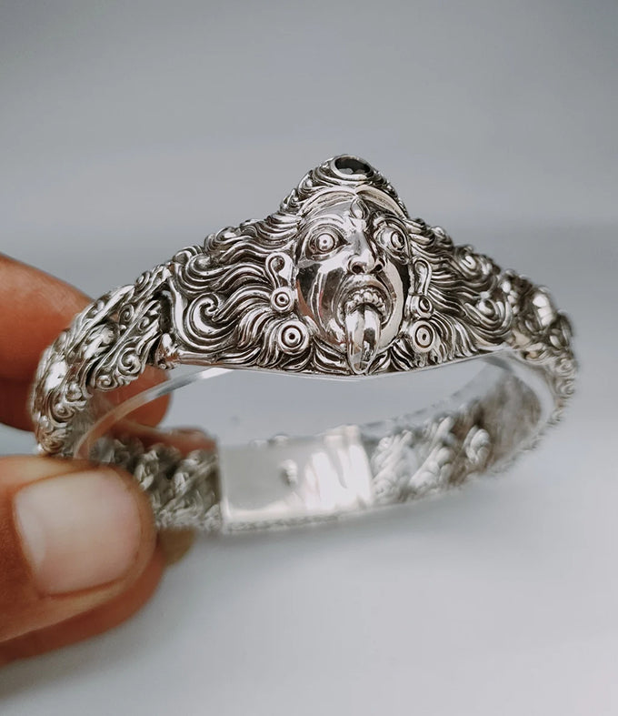 Mens Sterling Silver Goddess Kali Bracelet, Handmade Cuban Chain