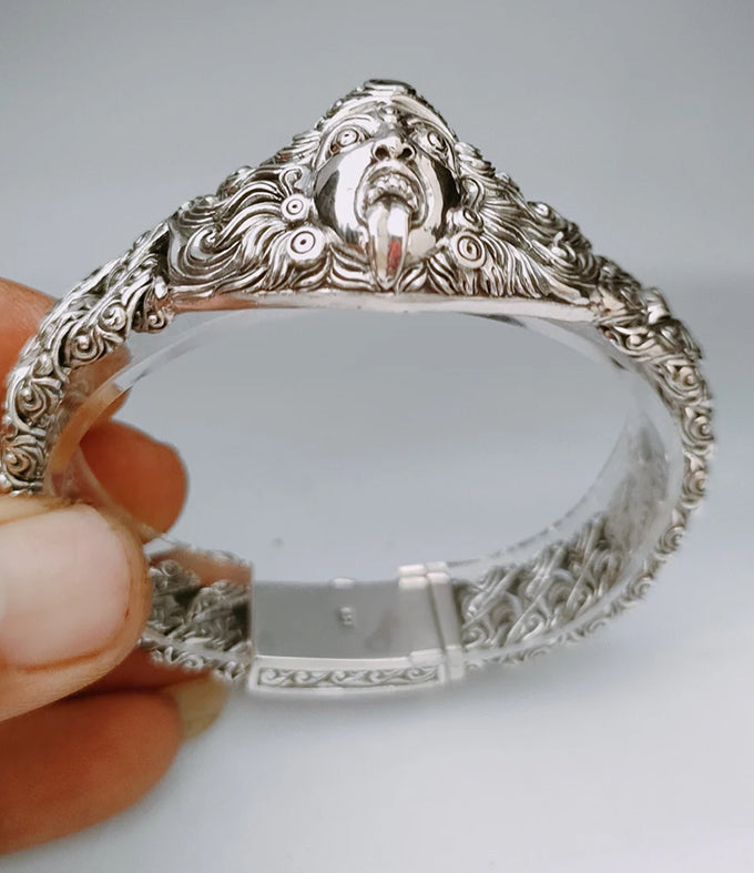 Mens Sterling Silver Goddess Kali Bracelet, Handmade Cuban Chain