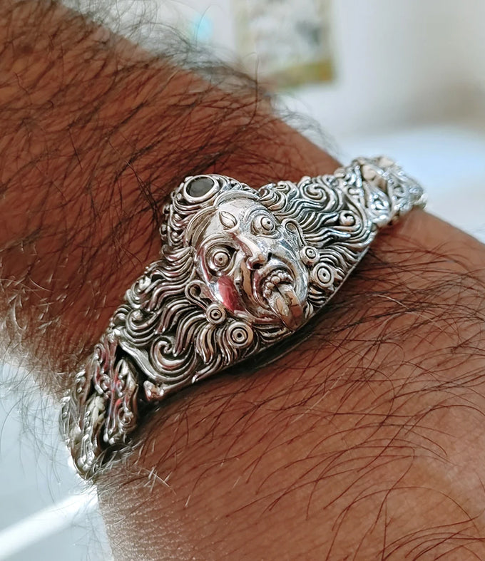 Mens Sterling Silver Goddess Kali Bracelet, Handmade Cuban Chain